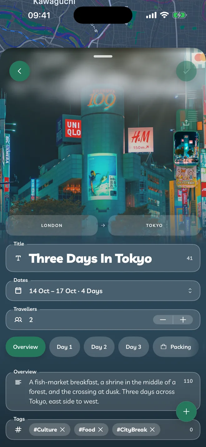 An itinerary being edited, with Going From, Going To, Title, Dates and Travellers