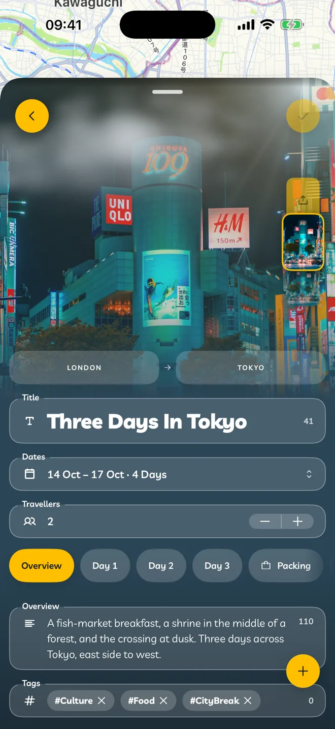 An itinerary being edited, with Going From, Going To, Title, Dates and Travellers