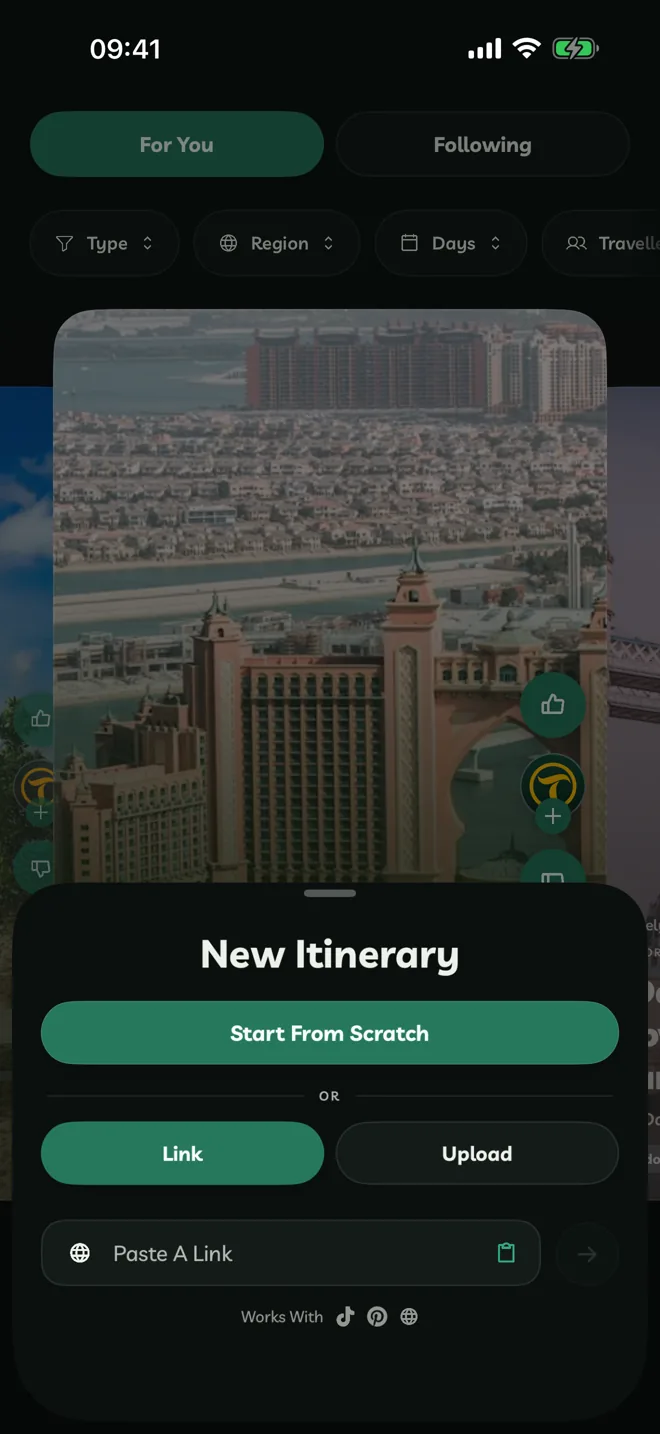 New Itinerary with Start From Scratch, and Link and Upload