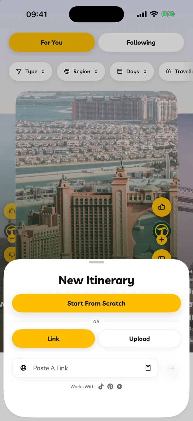 New Itinerary with Start From Scratch, and Link and Upload