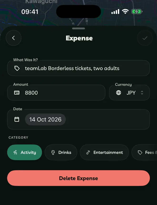 The expense editor with What Was It?, Amount, Currency, Date and Category