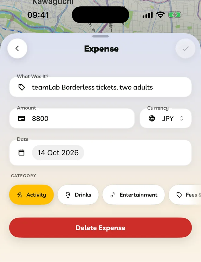 The expense editor with What Was It?, Amount, Currency, Date and Category