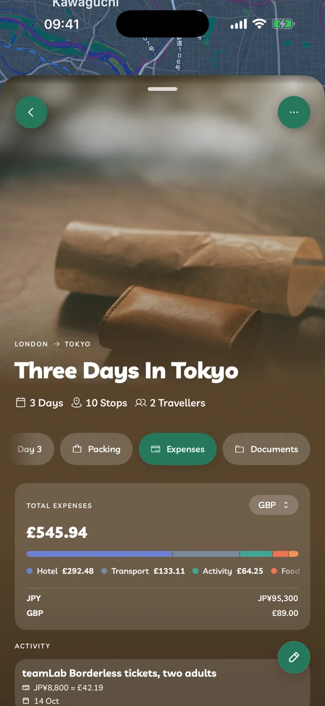 The Expenses tab with the total and a breakdown by category