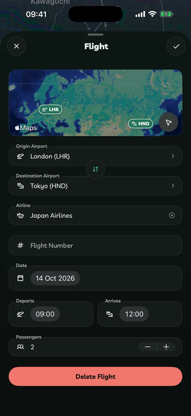 The Flight editor with airports, airline, flight number, date and times