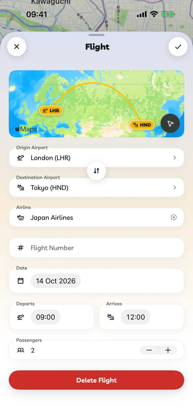 The Flight editor with airports, airline, flight number, date and times