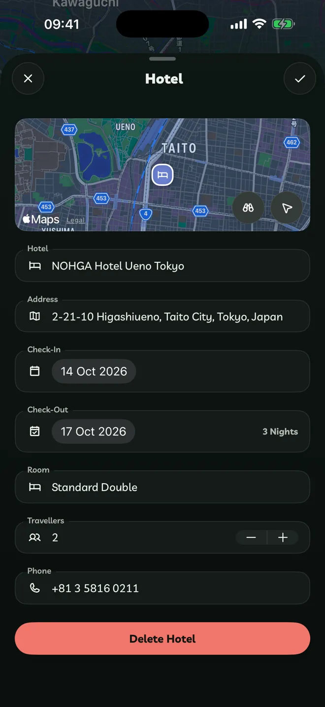 The Hotel editor with the hotel, its dates from the itinerary, room and price
