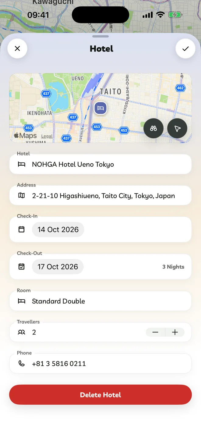 The Hotel editor with the hotel, its dates from the itinerary, room and price