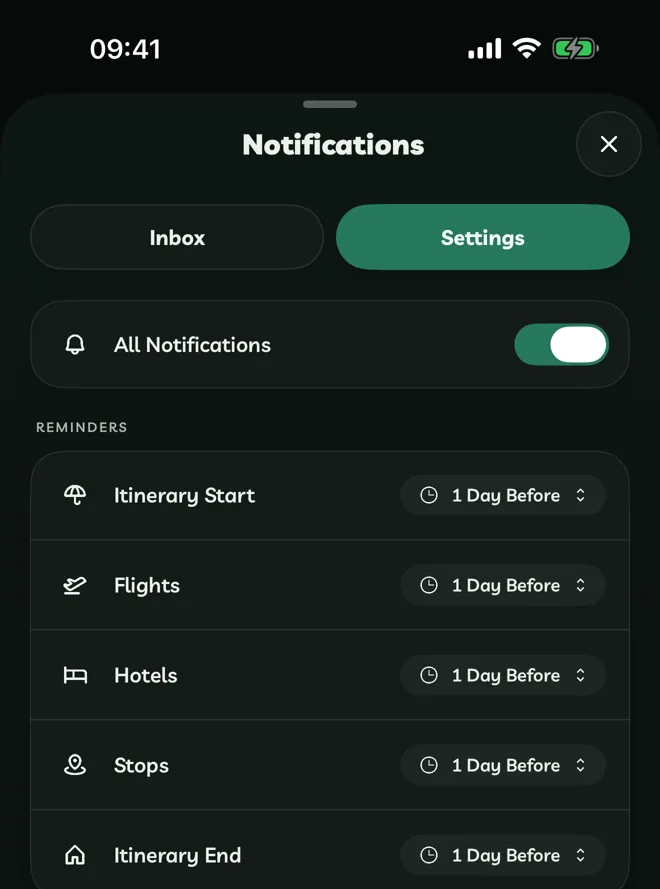 Notification settings with All Notifications and reminder times