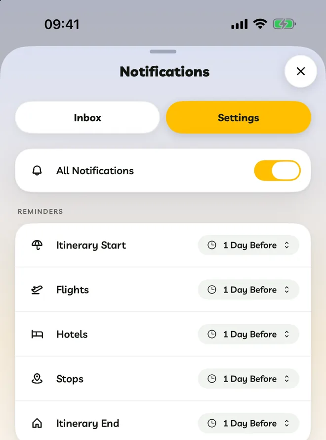 Notification settings with All Notifications and reminder times