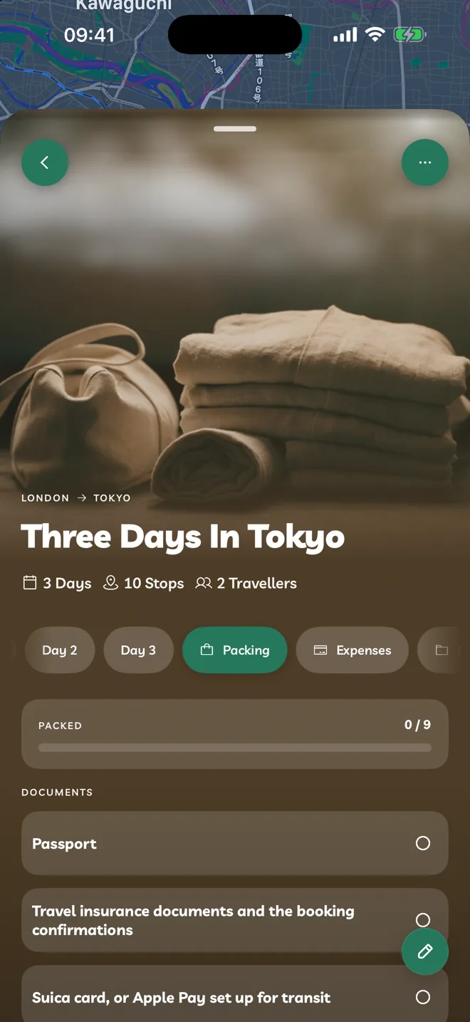 The Packing tab of an itinerary, with the Packed count