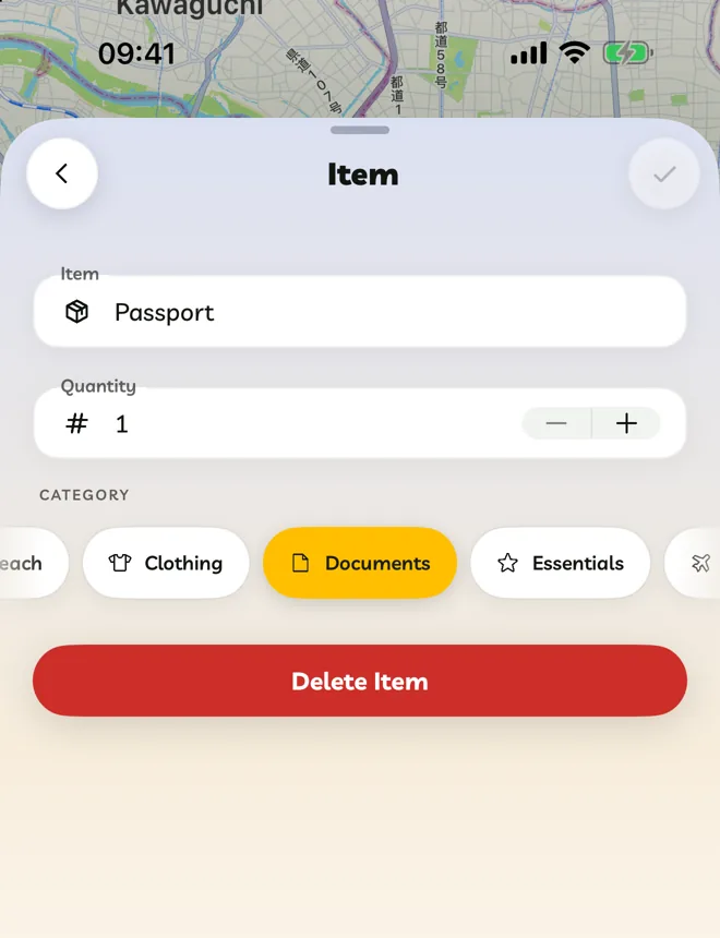 The packing item editor with Item, Quantity and Category