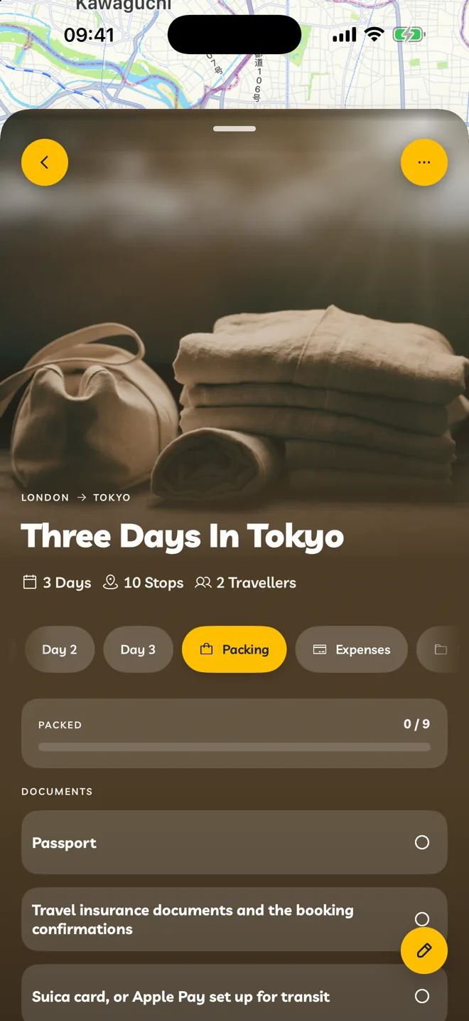 The Packing tab of an itinerary, with the Packed count