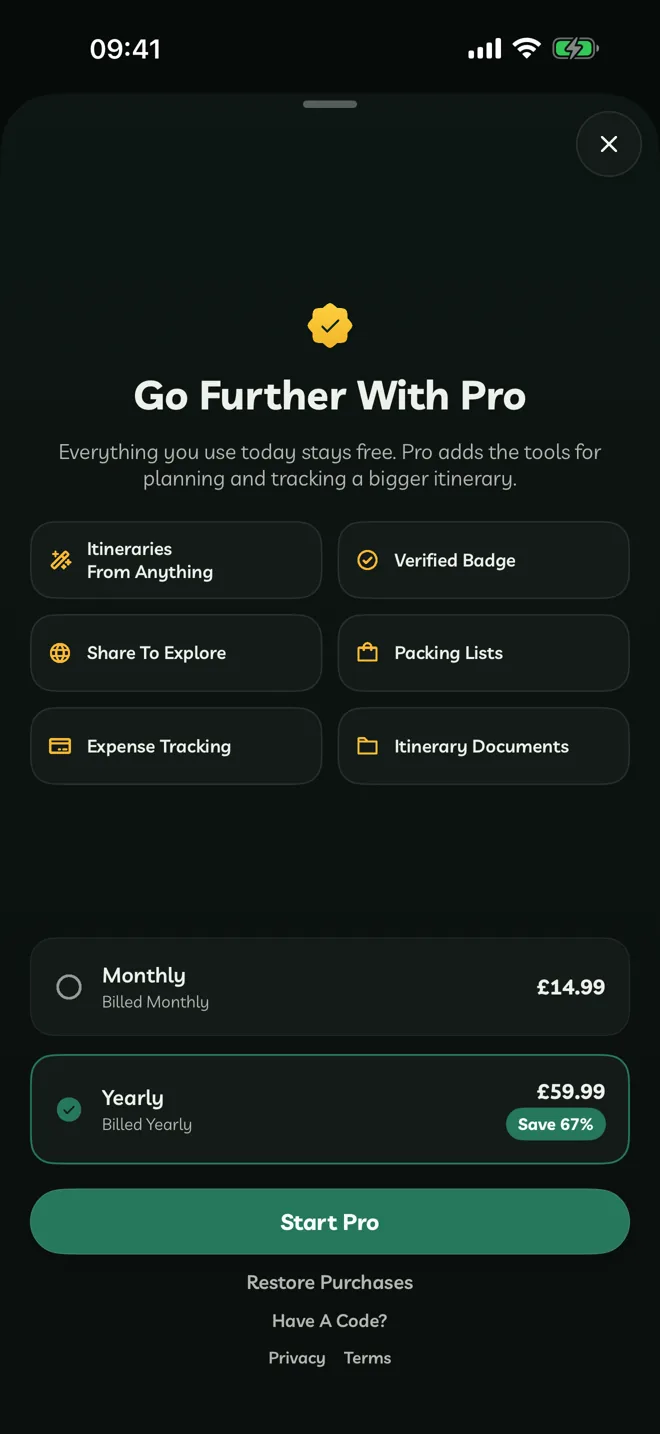 The Pro screen with Monthly at £14.99 and Yearly at £59.99 with a Save 67% badge, Start Pro, and Restore Purchases