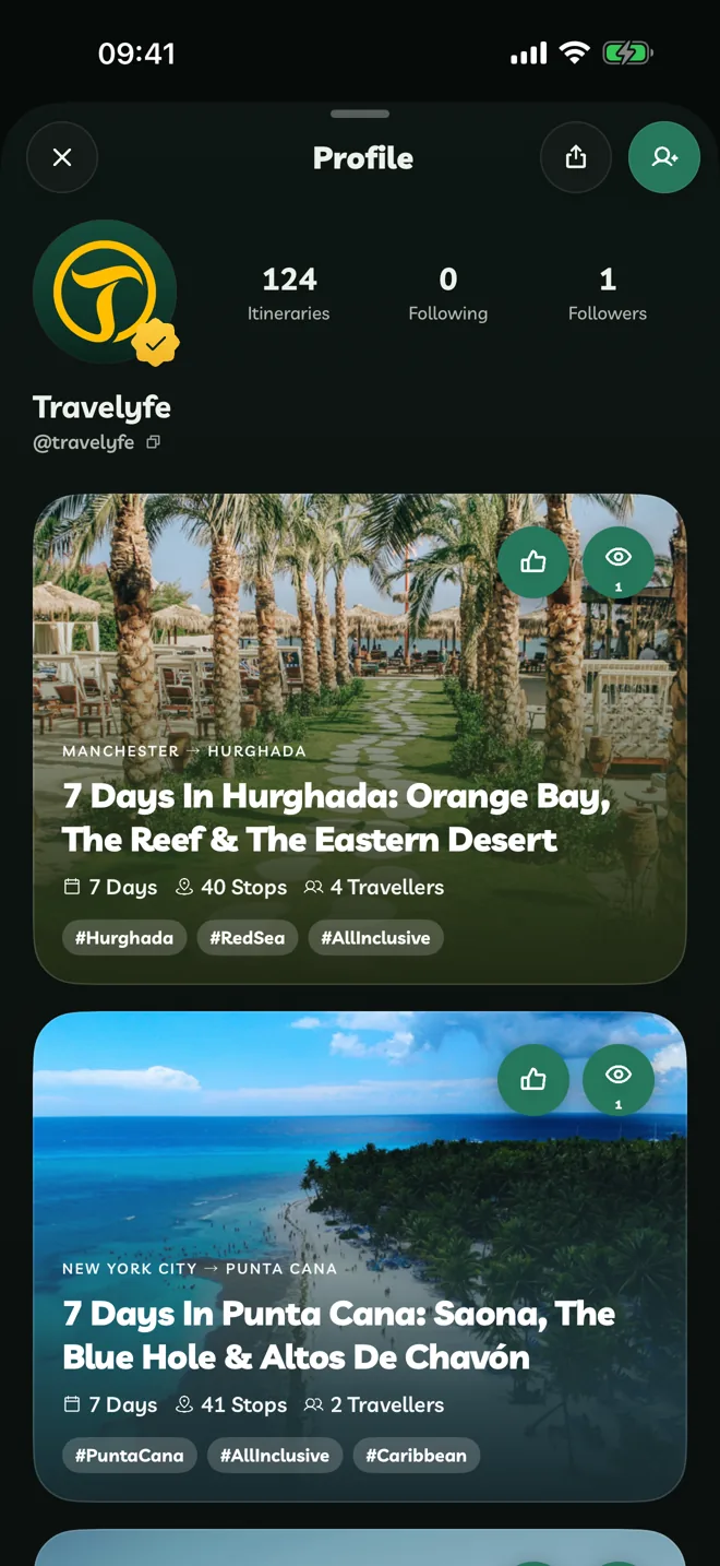 A traveller's profile with their itineraries