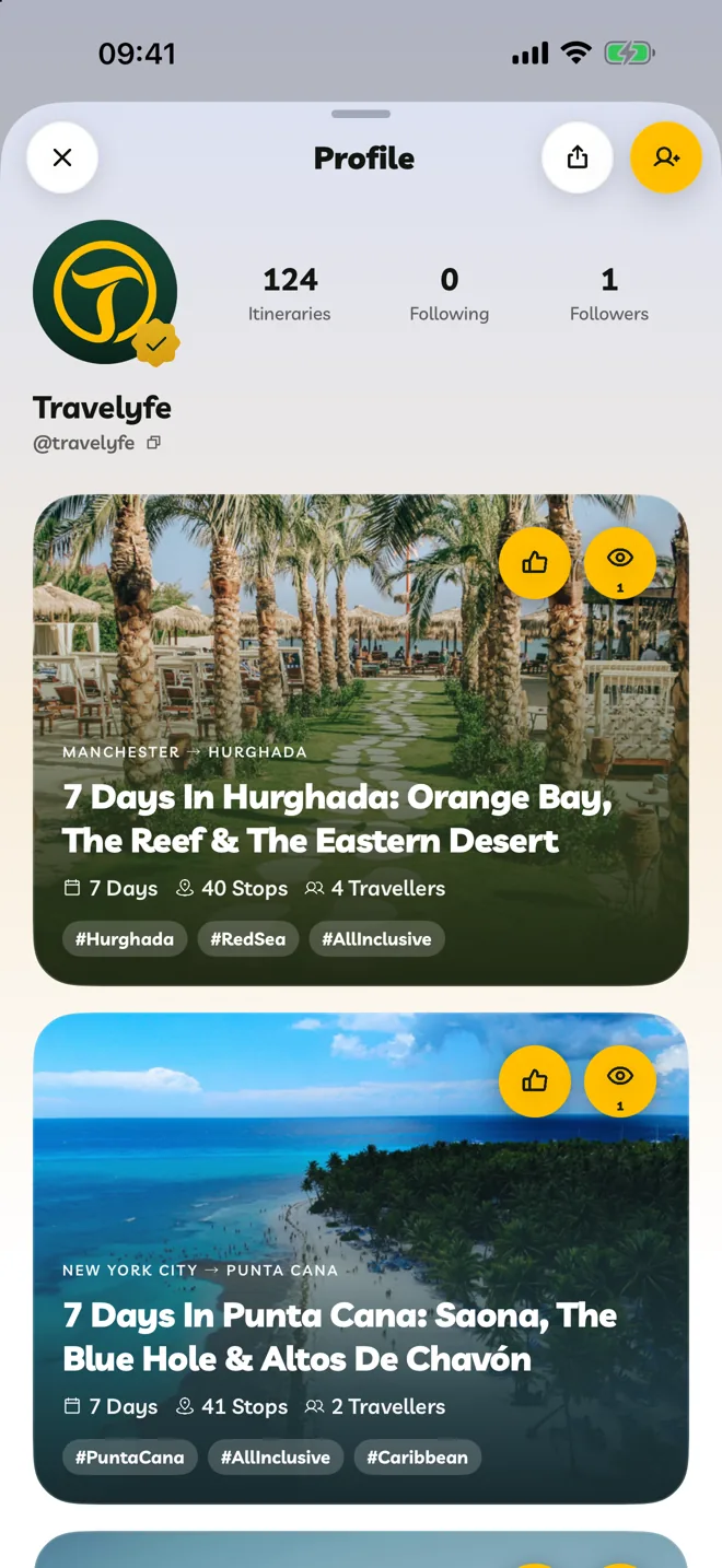 A traveller's profile with their itineraries