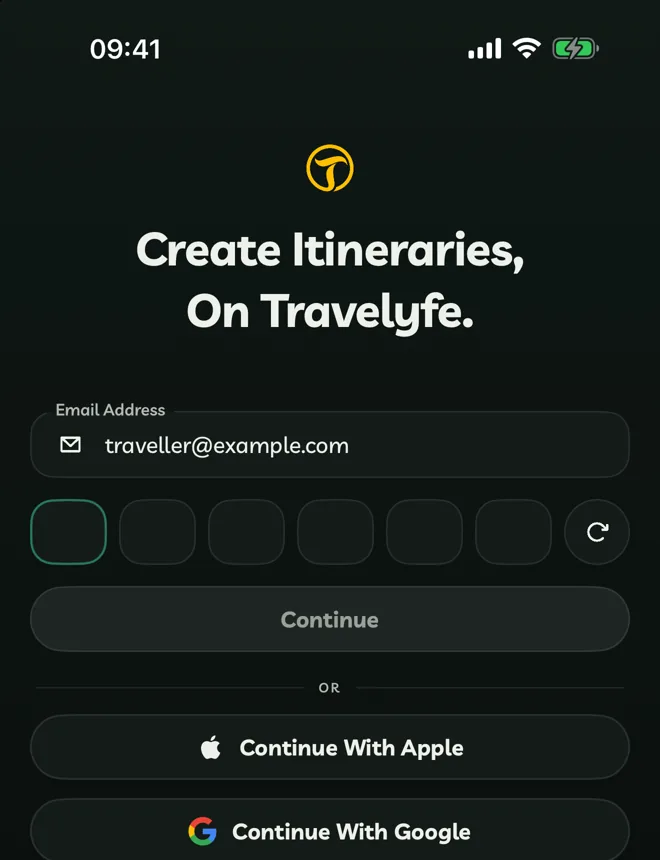 Six code boxes under the email field, with the resend button on the right