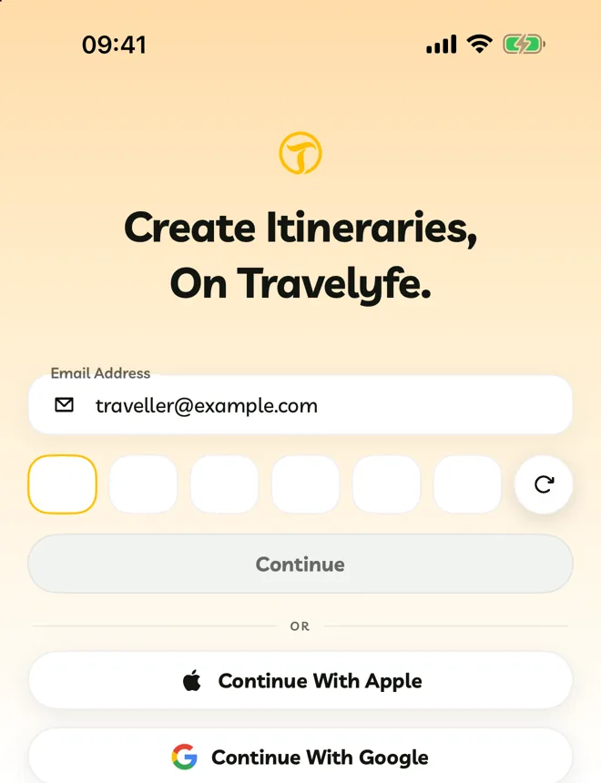 Six code boxes under the email field, with the resend button on the right