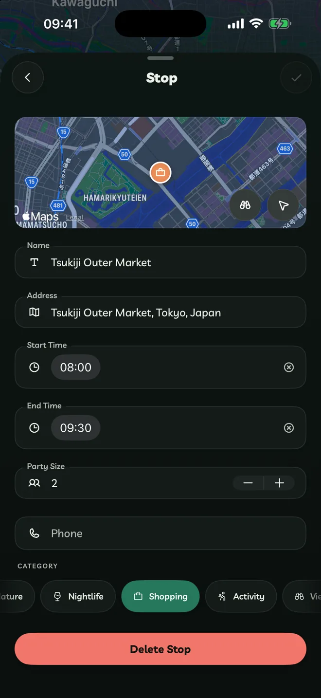 The Stop editor with Name, Address, Start Time, End Time, Phone and Category