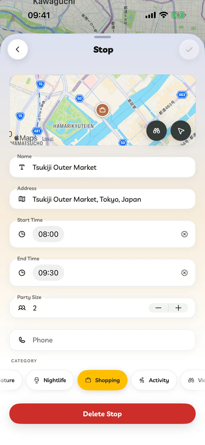 The Stop editor with Name, Address, Start Time, End Time, Phone and Category